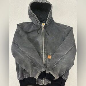 Carhartt Duck Canvas Hooded Quilt Lined Faded black  Work Jacket Mens Size L
